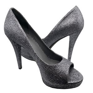 Vera Wang Selima Silver Gunmetal Metallic Peep Toe Platform Heels Size 8